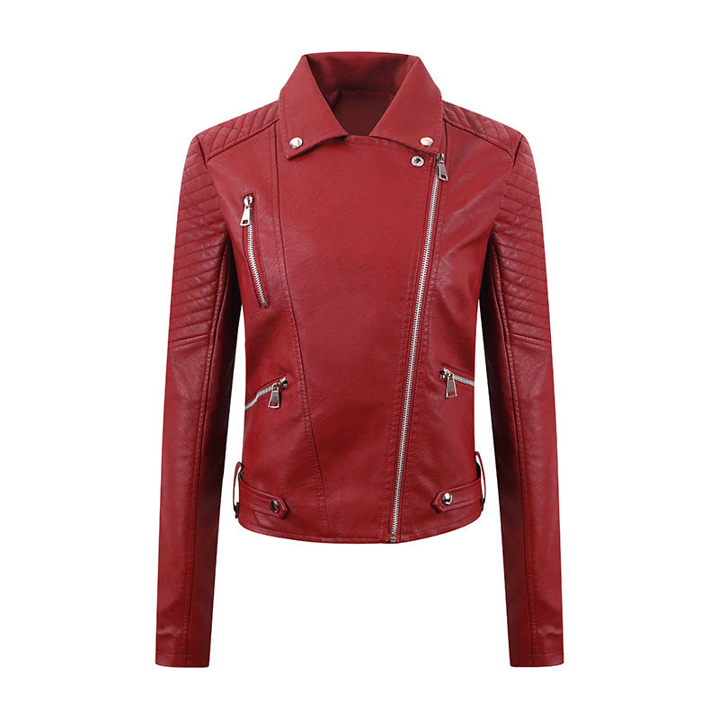 Women's Short Leather Oblique Pull Slim Motorcycle Clothing Washed Leather Jacket