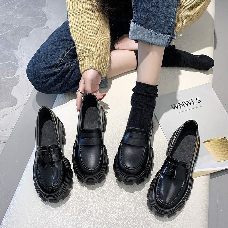 Women's Thick Heel Versatile Black Small Leather Shoes