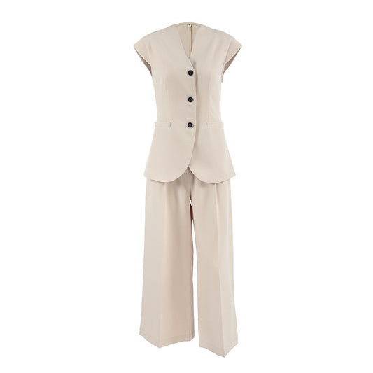 Khaki V-neck Sleeveless Vest High Waist Pants Suit