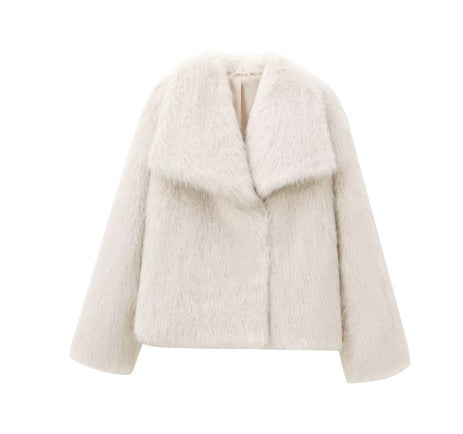 Women's Lapel Long Sleeve Faux Fur Snap Cardigan Loose Short Coat