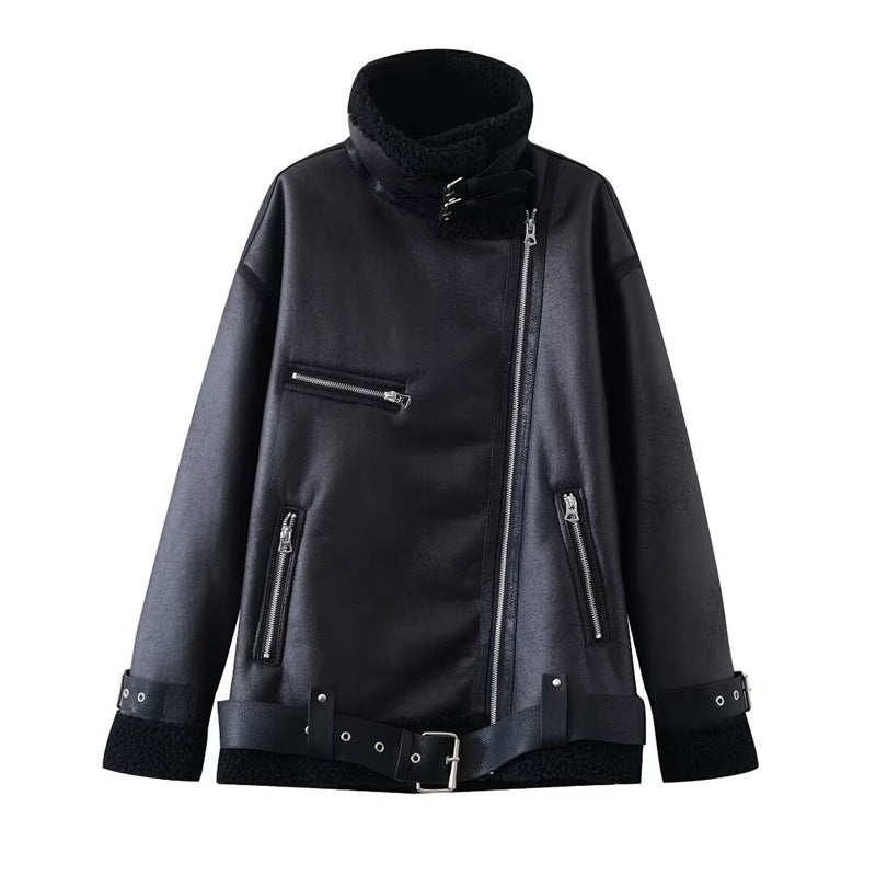 New Women's Fleece-lined PU Coat Lamb Wool Thickened Coat