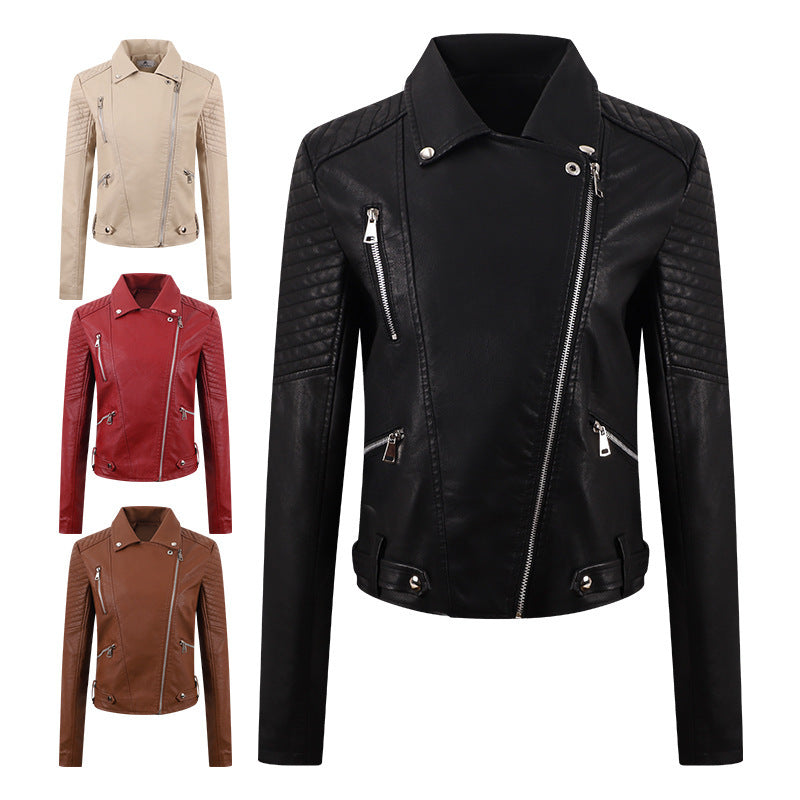 Women's Short Leather Oblique Pull Slim Motorcycle Clothing Washed Leather Jacket