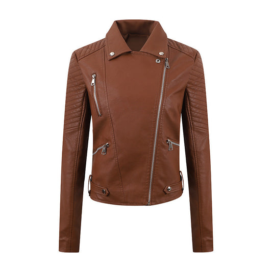 Women's Short Leather Oblique Pull Slim Motorcycle Clothing Washed Leather Jacket