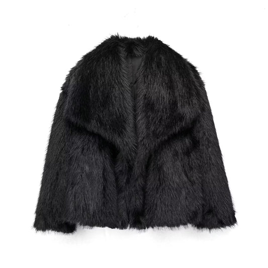 Women's Lapel Long Sleeve Faux Fur Snap Cardigan Loose Short Coat