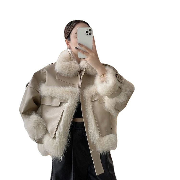 Sense Fox Fur Stitching Leather Coat